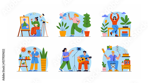 Creative pursuits and hobbies showcased in a diverse collection of vector illustrations depicting people engaged in artistic activities