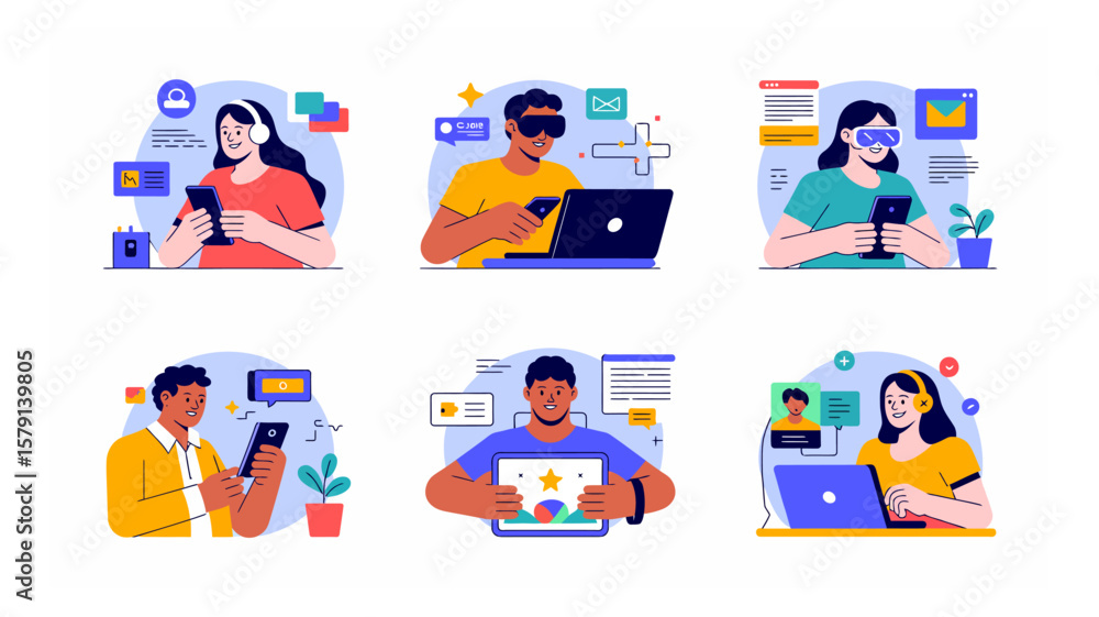 Fototapeta premium Diverse group of people engaging with digital devices in vector illustrations showcasing modern communication and technology use in everyday life