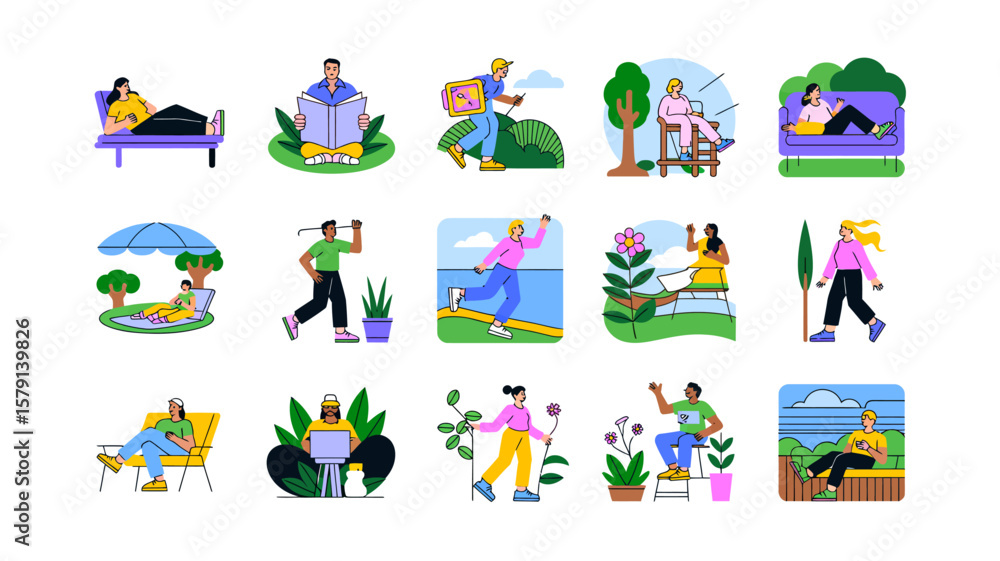Fototapeta premium Diverse group of people enjoying outdoor activities in various settings in a vector illustration for relaxation and leisure