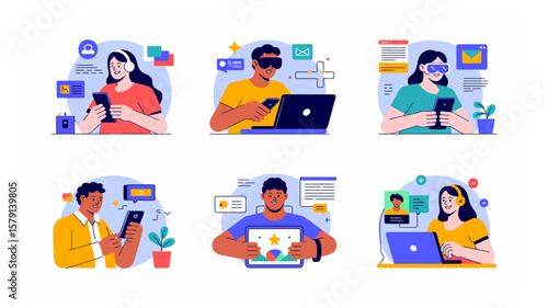 Diverse group of people engaging with digital devices in vector illustrations showcasing modern communication and technology use in everyday life