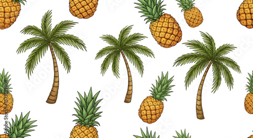 Tropical pattern with detailed palm trees and spiky textured pineapples.