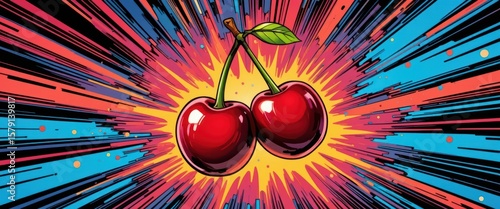 Pair of Cherries Dynamic Comic Book Explosion Style
