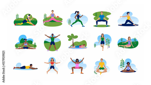 Diverse group of people practicing various yoga poses and stretching exercises in a serene outdoor park setting, promoting wellness and healthy lifestyle
