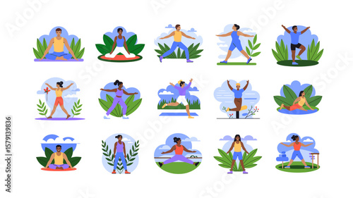 Diverse group of people practicing yoga and outdoor fitness exercises for wellness and flexibility training in nature