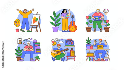 Diverse hobbies and creative pursuits showcased through cheerful cartoon illustrations of people enjoying their passions