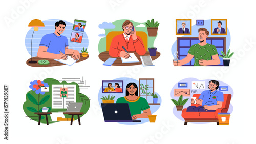 Diverse individuals engaging in remote work activities from home office setups, fostering work life balance and virtual communication