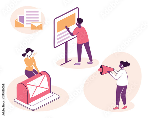 Modern isometric illustration of people interacting with emails and announcements