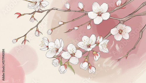 Pink cherry blossom branches with delicate floral patterns beautifully illustrate the essence of spring nature