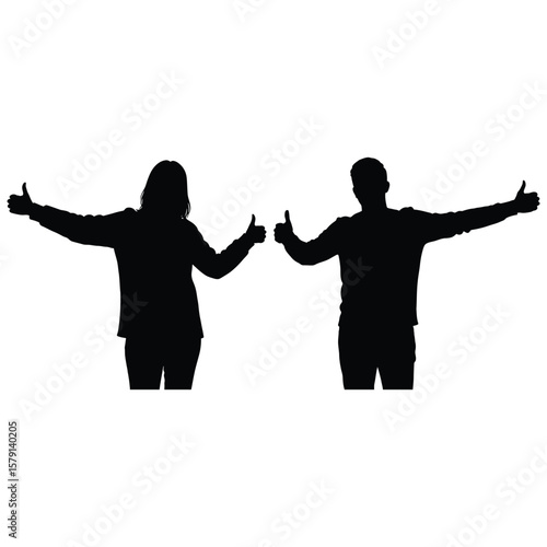 A silhouetted man and woman are raising their arms with thumbs up on a white background
