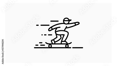 Line art illustration of a skateboarder riding a skateboard with speed lines showing motion and action sports