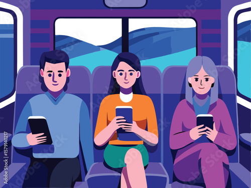 Passengers on a bus using smartphones simple modern flat illustration on transparent background