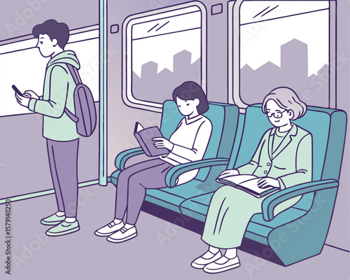 Passengers ride the subway train reading and using smartphones for commute transit