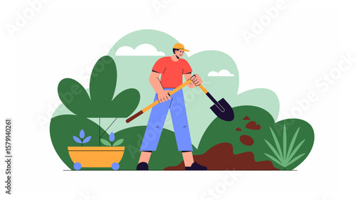 Man gardening with a shovel in a lush backyard illustration of planting and cultivation for a sustainable lifestyle