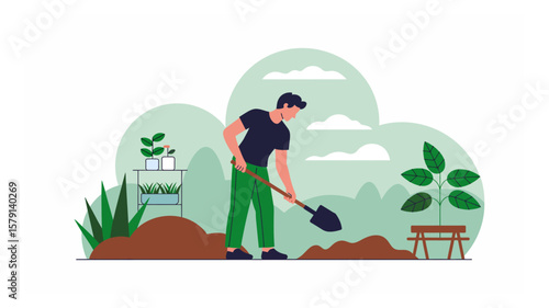 Man gardening with shovel in backyard planting trees, cultivating soil, and nurturing greenery in a serene natural landscape