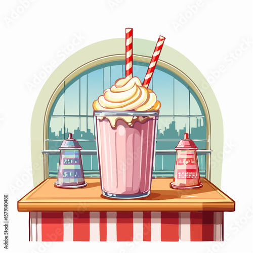 Refreshing creamy milkshake awaits on vintage diner counter
