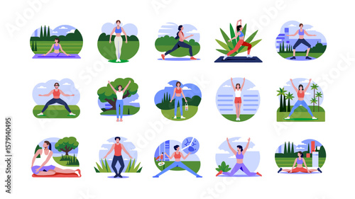 Set of vector illustrations depicting women practicing yoga and stretching outdoors in various poses in nature backgrounds for wellness