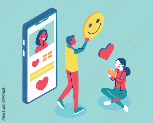 Social media interactions depicted with smartphone, smiley face, hearts and people