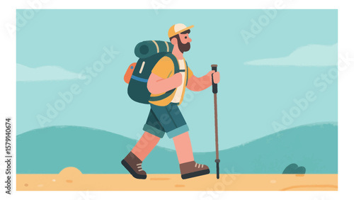 Vector illustration of a bearded man hiking with a backpack and trekking pole on a scenic trail under a blue sky with hills and clouds offering outdoor adventure