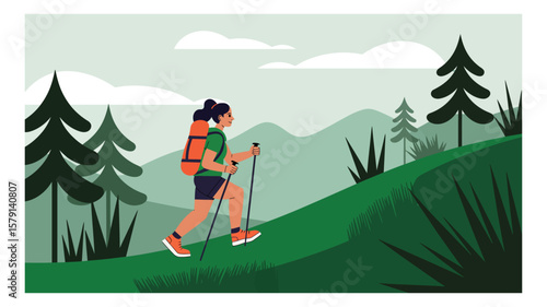 Woman hiking in a green mountain landscape with trekking poles and backpack enjoying nature and outdoor adventure on a sunny day