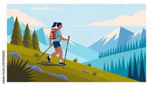 Woman hiking on a mountain trail with trekking poles enjoying the scenic landscape and fresh air, surrounded by nature