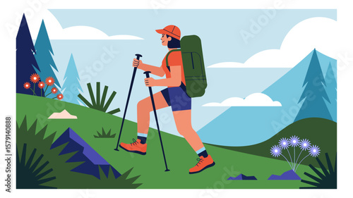 Woman hiking with trekking poles in a mountain landscape vector illustration, featuring trees, flowers, and a bright sky