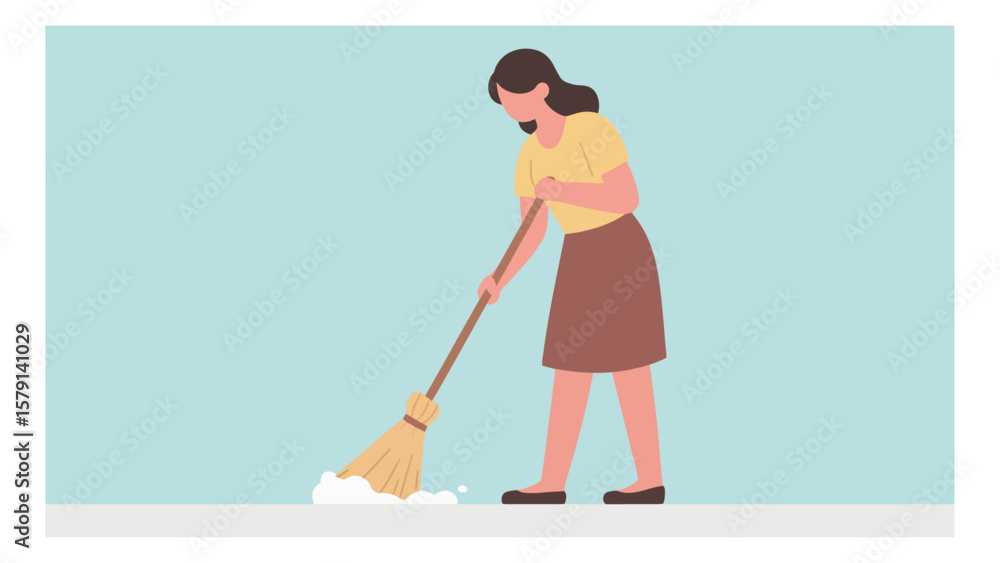 Fototapeta premium Woman sweeping the floor with a broom in a clean and minimalist illustration style, perfect for depicting cleanliness and domestic tasks