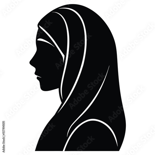 Black Silhouette of a Woman in Hijab, Profile View, Religious Head Covering
