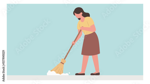 Woman sweeping the floor with a broom in a clean and minimalist illustration style, perfect for depicting cleanliness and domestic tasks