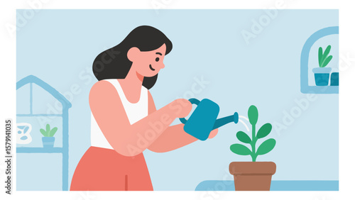 Woman watering plant inside her house featuring a watering can and potted plant with a light blue background and a shelf with plants in a vector illustration