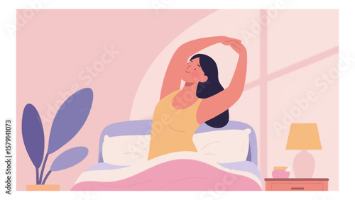 Woman stretching in bed after waking up in the morning with sunlight streaming through the window