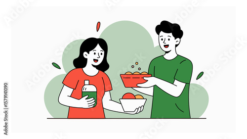 Young man and woman exchanging healthy food items in a friendly setting showcasing nutrition and wellness choices