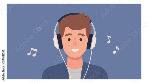Young man enjoying music with headphones in a vibrant vector illustration against a blue background capturing a relaxed and modern vibe