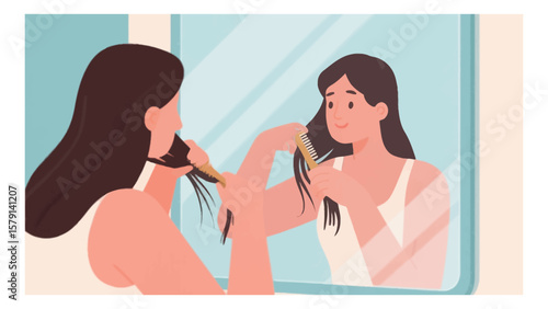 Young woman with long hair combs herself in the mirror in a minimalist illustration with warm and pastel colors