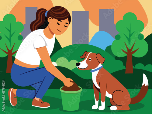 Woman picking up dog waste in a park environment pet ownership concept