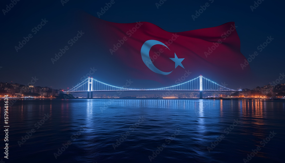 Naklejka premium Turkish flag over bridge nighttime view
