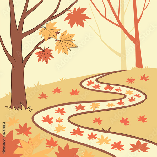 Autumn path lined with maple leaves and trees in a warm scenic landscape