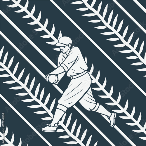 Baseball player swinging the bat against a botanical pattern background in white