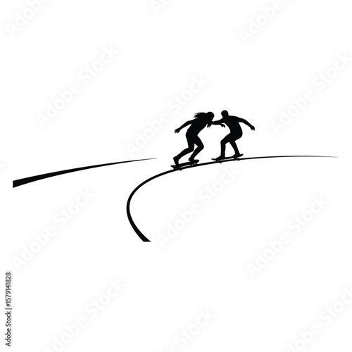 Two silhouetted skateboarders are performing tricks on a white background