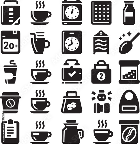 Daily Coffee Icons: A curated collection of meticulously crafted black-and-white icons, illustrating the essence of coffee-related items for your design endeavors.