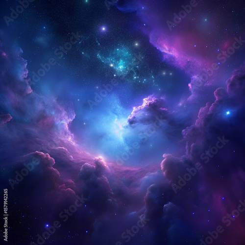 “Mystical galaxy with glowing stars and nebula clouds, deep purple and blue tones, fantasy sci-fi wallpaper”