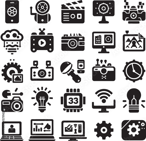 Collection of multimedia icons: A comprehensive compilation of multimedia icons, designed with clean lines and bold shapes, represents various facets of media technology in a streamlined.