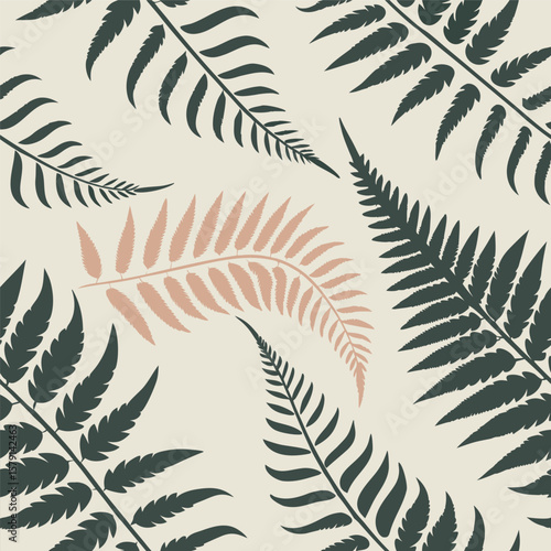 Elegant botanical fern leaf pattern in serene green and peach tones on beige background