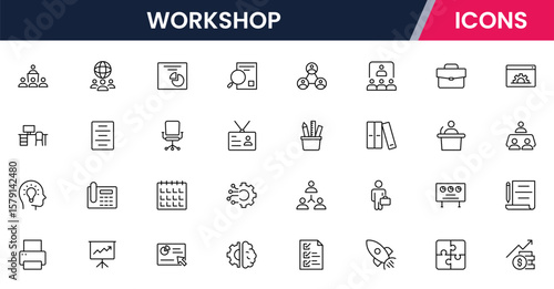 Vector illustration web line icon collection for workshop tools, crafts, machinery, and creativity symbols in a dynamic, modern, and hands-on design style.
