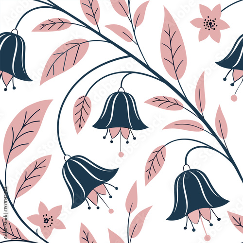 Elegant botanical floral pattern featuring navy bell flowers and pink leaves on white