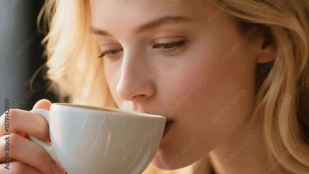 Close-up extremo de una bella mujer rubia, con el cabello cayendo suavemente sobre sus hombros, llevando una taza de café humeante a sus labios Close-up extremo de una bella mujer rubia, con el cabello cayendo suavemente sobre sus hombros, llevando una taza de café humeante a sus labios