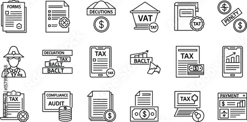 Tax and budgeting line icon set vector illustration. Includes forms, deductions, VAT, bookkeeping, penalty, accountant, bracket, compliance, audit, financial statements and payment tracking symbols.