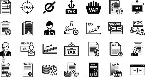 Tax and budgeting line icon set vector illustration. Includes forms, deductions, VAT, bookkeeping, penalty, accountant, bracket, compliance, audit, financial statements and payment tracking symbols.
