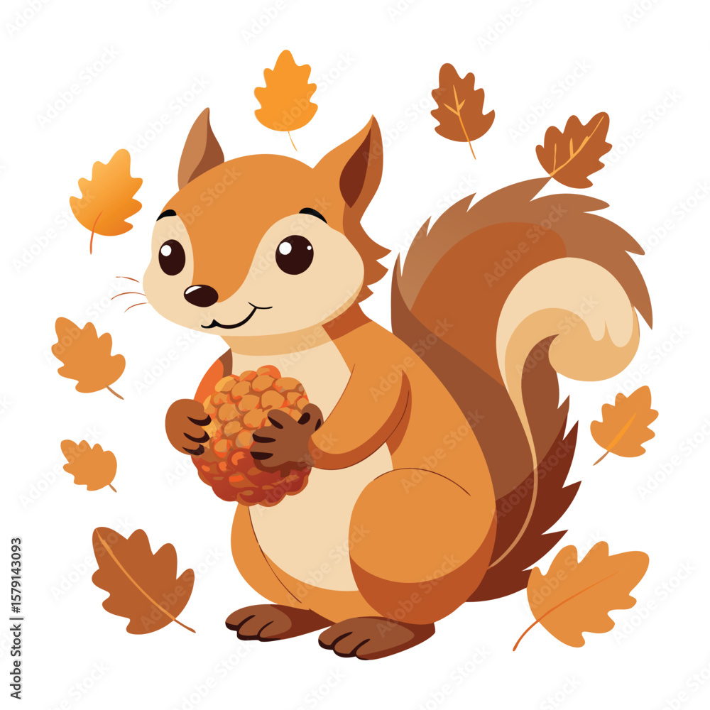 Fototapeta premium Cute squirrel holding nuts surrounded by autumn leaves