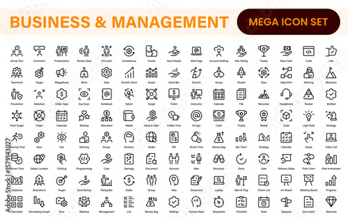 Business and management line icons set. Management icon collection. Project management icon collection. Time management and planning concept. Outline icon set.