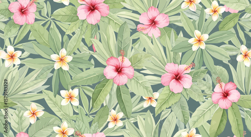 Lush tropical pattern with pink hibiscus and creamy frangipani flowers among green foliage.